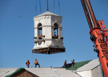 bell-tower-reattached-to-historic-clubhouse-as-oak-knoll-development-reaches-another-milestone
