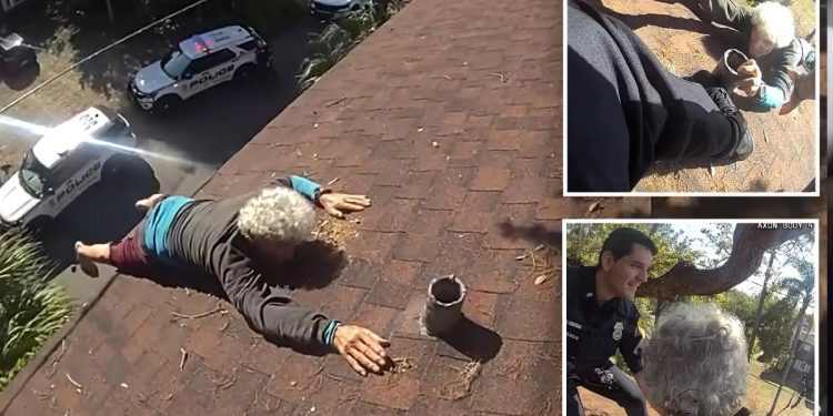 elderly-florida-man-rescued-by-cops-after-slipping-while-blowing-leaves-on-roof:-video
